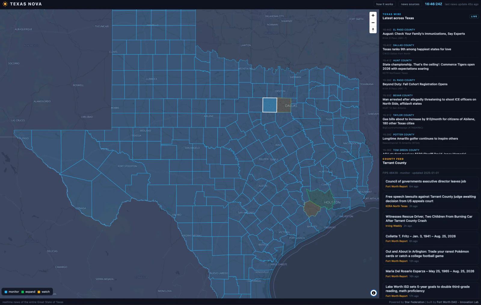 Texas Nova interface showing a live Texas county news map with statewide and Tarrant County news feeds